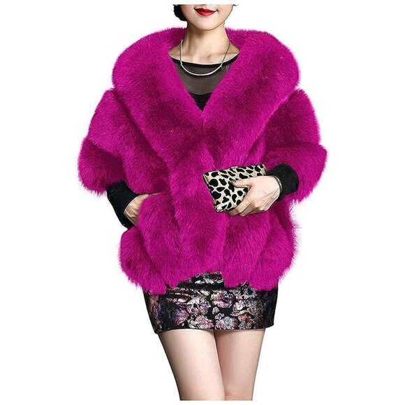 Accessories - Women's Luxury Party Faux Fox Fur Long Shawl ,  A-fuchsia